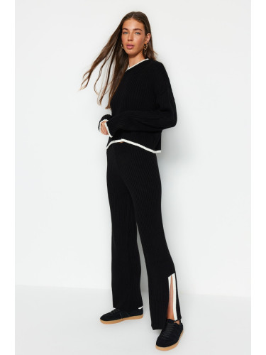 Trendyol Black Crop Ribbed Color Block Knitwear Bottom-Top Set