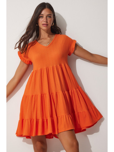 Щастие İstanbul жените оранжево v-образно деколте волани пристъп трикотажни лятна рокля