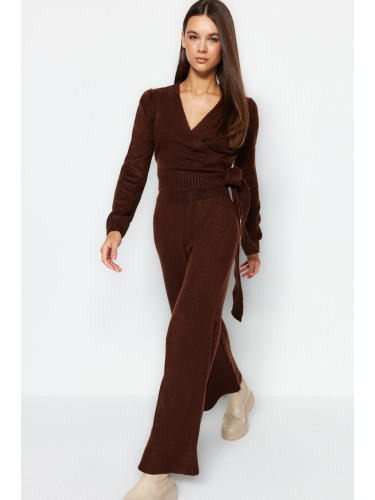 Trendyol Brown Crop Wide Pattern Double Breasted Tie Detailed Knitwear Top-Bottom Set