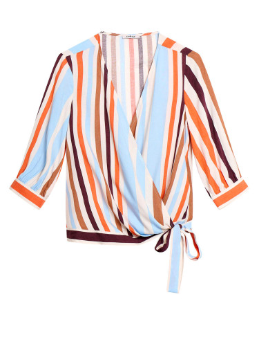 Orsay Blue-Orange Striped Wrap Blouse with Three-Quarter Sleeve - Women