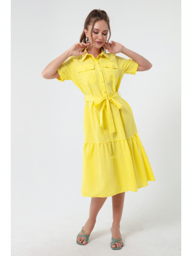 Lafaba жените жълто покрити копчета и колан рокля широки размери