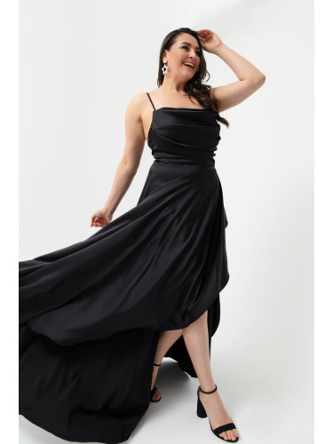 Lafaba жените черен плюс размер сатен вечерна рокля с къдри и цепка абитуриентски бал рокля