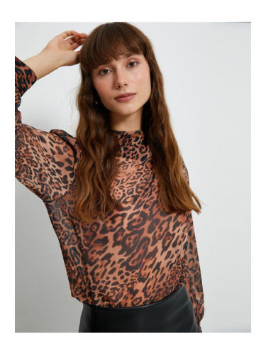 Koton Chiffon Blouse Leopard Patterned Draped Collar Balloon Sleeve