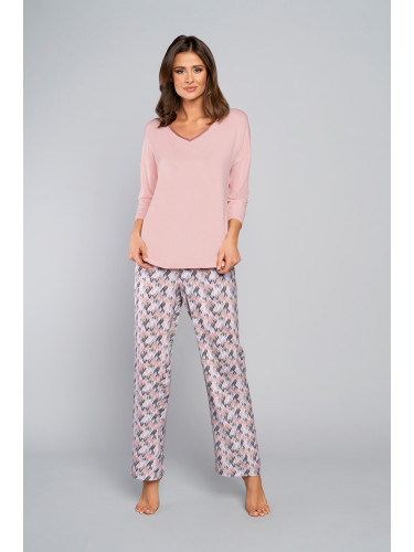 Women's bamboo pyjamas, 3/4 sleeve, long legs - powder pink/print