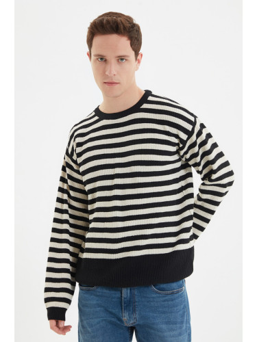 Trendyol Black Casual Oversize Fit Cotton Wide Pattern Crew Neck Striped Knitwear Sweater