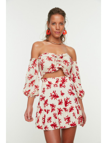 Trendyol Underwater Patterned Woven Balloon Sleeve Blouse Skirt Beach Set