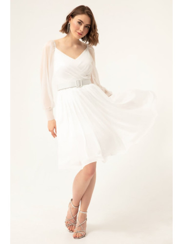 Lafaba Дамска бяла вечерна рокля с колан Midi с блясък.