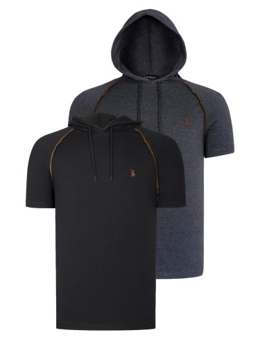 DUAL SET T8570 DEWBERRY HOODED MEN'S T-SHIRT-ANTHRACITE-BLACK