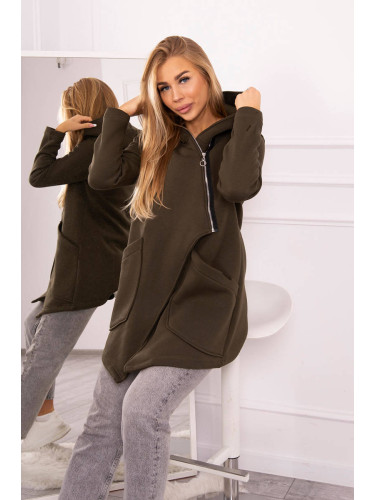 Insulated sweatshirt with asymmetrical zipper in khaki color