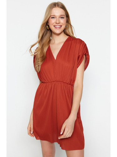 Trendyol плочки предна задна v-образно деколте плисирана A-Line мини плетена рокля