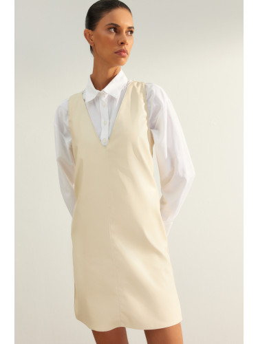 Trendyol камък прав нарязани изкуствена кожа Gilet тъкани тъкани рокля