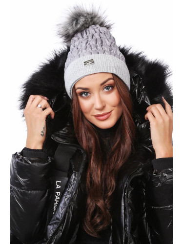 Winter nylon hat with pompom, light gray