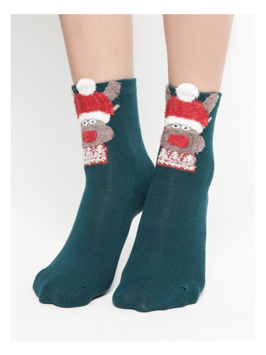 Socks with reindeer application in a green Christmas hat