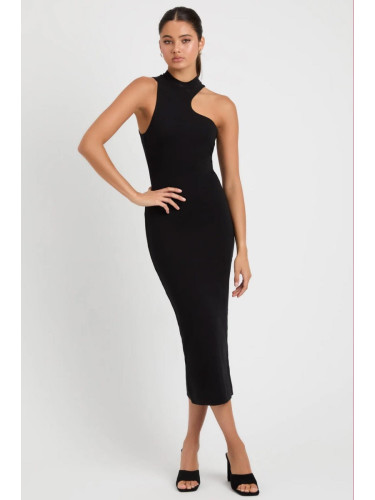 Madmext Black Halter Neck Long Basic Dress with Low-cut Shoulders