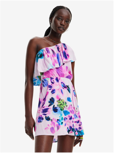 Pink floral dress on one shoulder Desigual Jan-Lacroix - Women