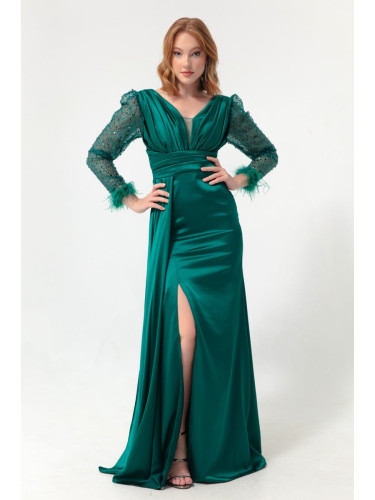 Lafaba Дамска изумрудено зелена V-образно деколте дълга вечерна рокля с цепка с бижута на ръкавите.