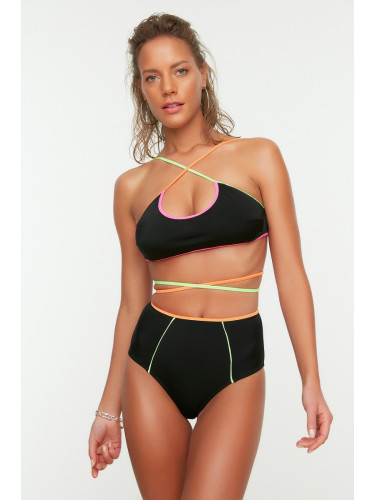 Trendyol Black High Waist Bikini Bottoms With Colorful Piping Detailed