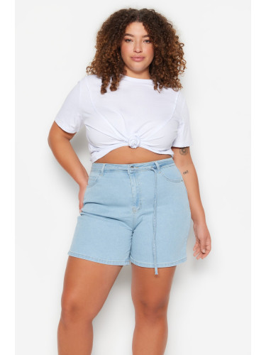 Trendyol Curve Light Blue Belted High Waist Straight Denim Shorts & Bermuda
