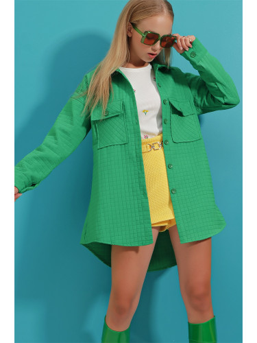 Тенденция Alaçatı Stili Дамски зелен двоен джоб ватирани шарени редовни яке