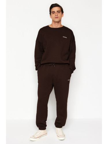 Trendyol Dark Brown Oversize/Wide Cut Text Print Warm Sweatshirt Tracksuit