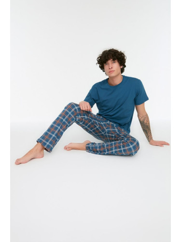 Trendyol Navy Blue Plaid Knitted 100% Cotton Pajamas Set