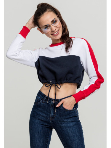 Ladies Cropped 3-Tone Stripe Crew Nautical/White/Fiery Red