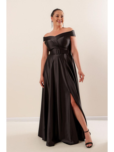 От Saygı Мадона яка, талията, колан, подплатена плюс размер дълга сатенена рокля с цепка