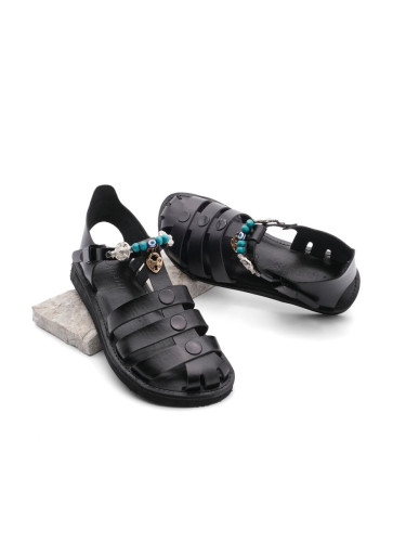 Marjin Women's Genuine Leather Accessoried Eva Sole Daily Sandals Kevas Black