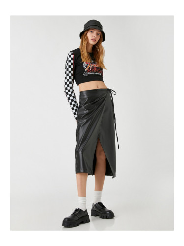 Koton Midi Skirt with Deep Slits and Wrapover Fastening with a Leather Look.