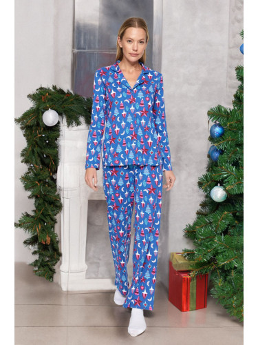 Trendyol Blue 100% Cotton Christmas Themed Knitted Pajama Set