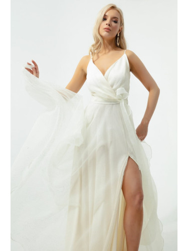 Lafaba Дамски екрю, двуредна яка, колан дълга блестяща вечерна рокля.