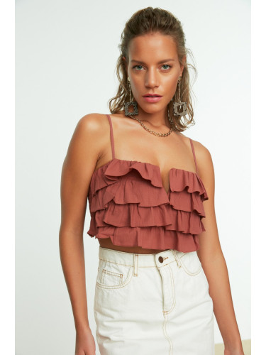 Trendyol Brown Crop Woven Ruffle 100% Cotton Blouse