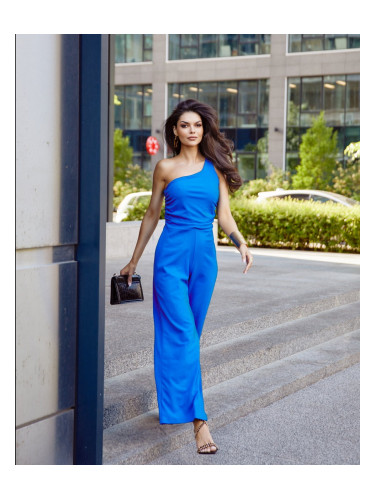 Elegant one-shoulder overall with wide legs, cornflower blue