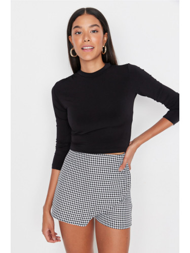 Trendyol Black Sleeve Gathered Detail Fitted/Situated High Neck Crop Elastic Knitted Blouse