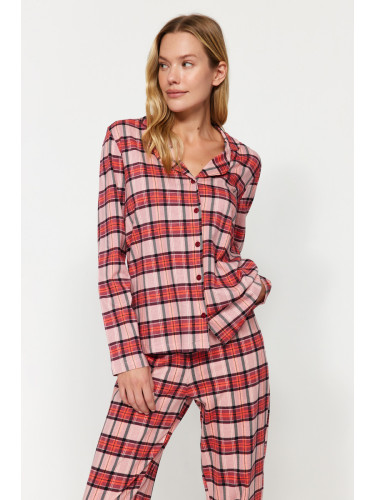 Trendyol Red 100% Cotton Plaid Shirt-Pants Knitted Pajamas Set