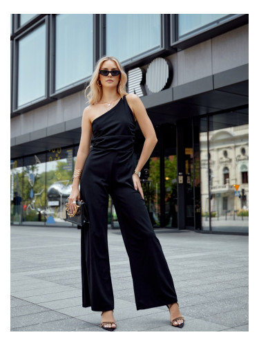 Elegant one-shoulder overall with wide legs in black