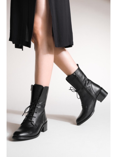 Marjin Women's Genuine Leather Boots Boots with Lace-up Zippered Classic Casual Boots Mek black.