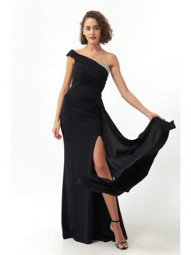 Lafaba Women's Black One-Shoulder Long Evening Dress with Stones.