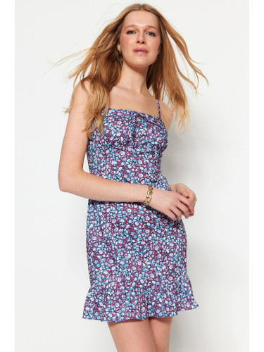 Trendyol черен прав нарязани мини тъкани разрошени цветен модел тъкани рокля