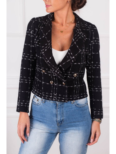 armonika Women's Black Double Breasted Collar Tweed Crop Jacket