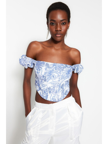 Trendyol Multicolored Crop Lined Corset Detailed Floral Patterned Woven Poplin Bustier