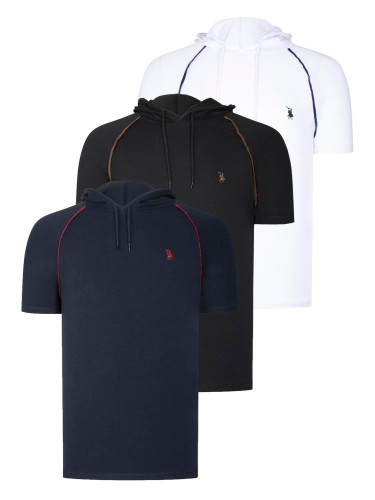 TRIPLE SET T8570 DEWBERRY HOODED MEN'S T-SHIRT-NAVY BLUE-WHITE-BLACK