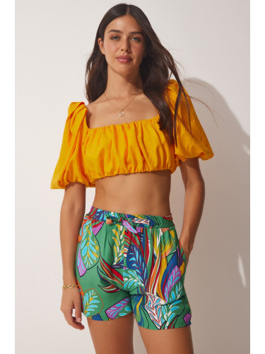 Happiness İstanbul Women's Orange Green High Waist Summer Viscose Shorts