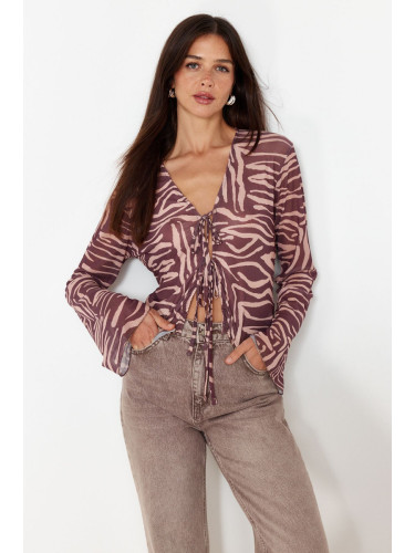 Trendyol Light Brown Patterned Tie Detailed Tulle Flexible Knitted Blouse