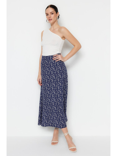 Trendyol Blue Floral Patterned Viscose Fabric Midi Length Woven Skirt