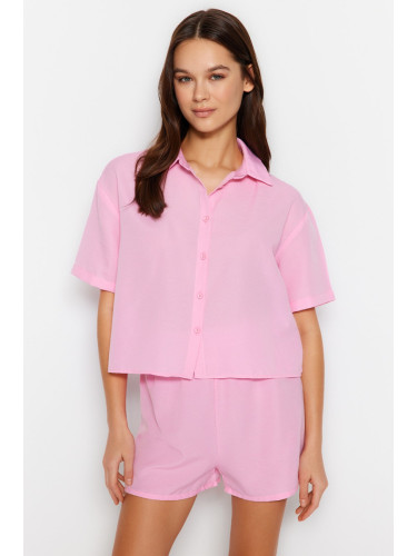 Trendyol Light Pink Elastic Detailed Shirt-Shorts Woven Pajamas Set