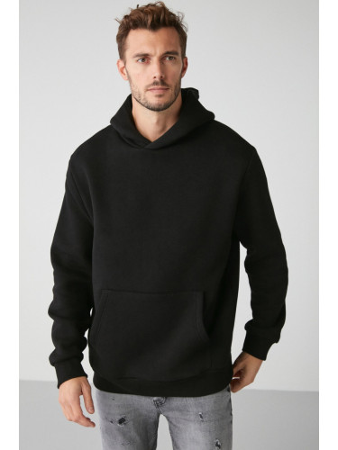 GRIMELANGE Draco Men's Soft Fabric Oversize Hooded Black Sweatshirt