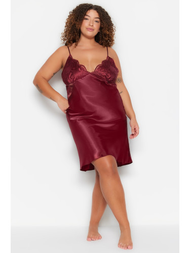 Trendyol Curve Claret Red Satin Nightgown with Woven Lace