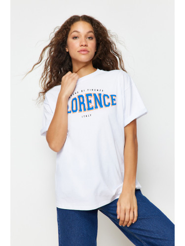 Trendyol White 100% Cotton Crew Neck Printed Oversize/Wide Fit Knitted T-Shirt