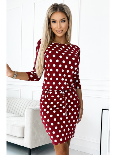 13-156 Sports dress with binding and pockets - burgundy + polka dots